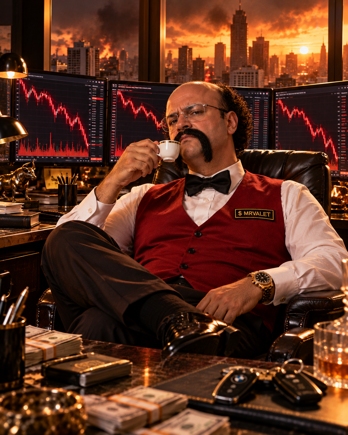 MR VALET relaxed at trading desk with red charts.