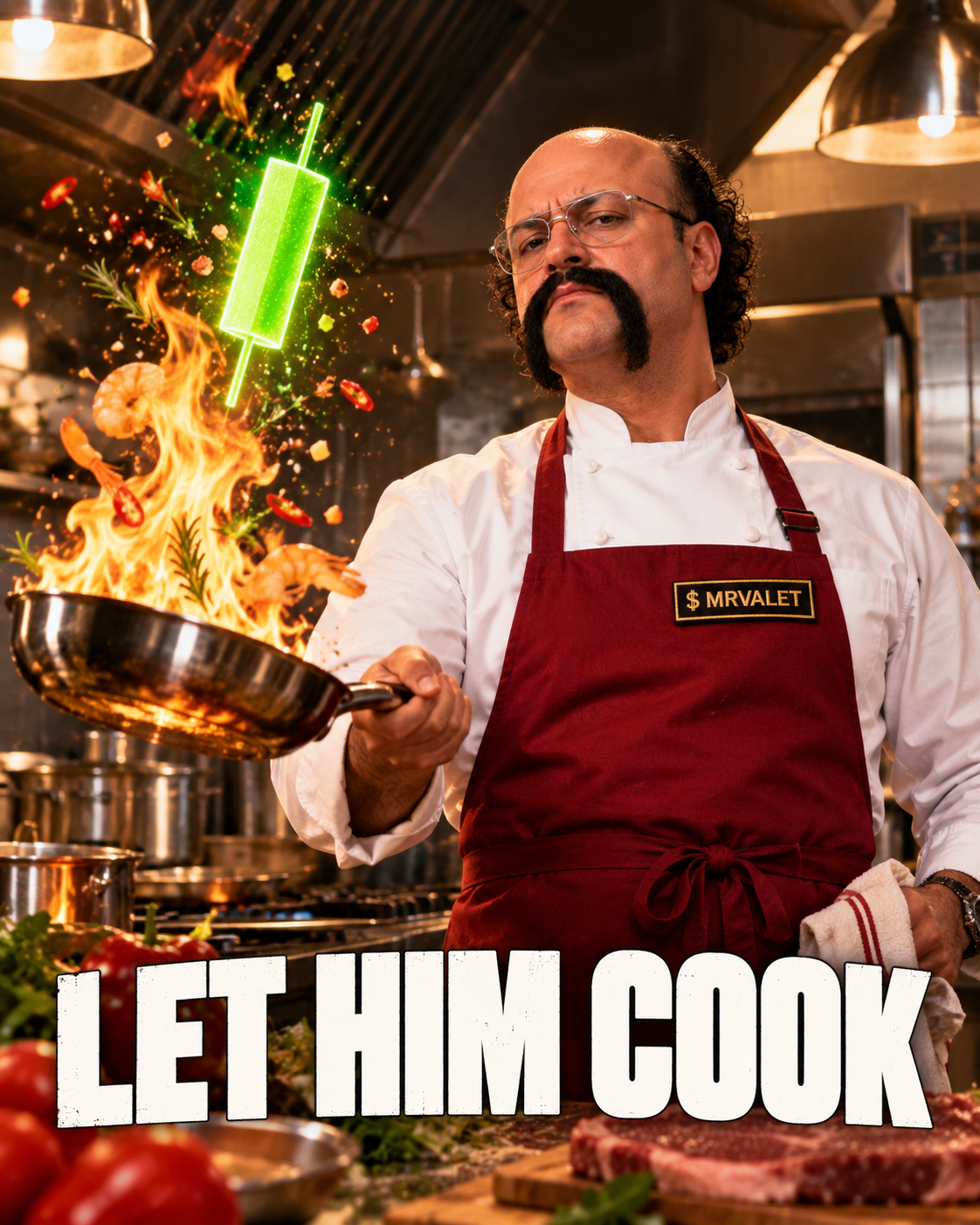 MR VALET as chef with a flaming green candle.